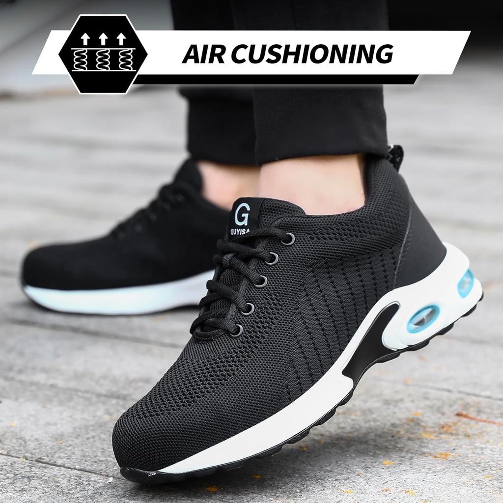 Luftkissen Arbeits-Sicherheitsschuhe Herren Damen Atmungsaktive Arbeits-Sneaker Stahlkappen-Schuhe Durchstichsichere Unzerstörbare Arbeitsstiefel Schwarz