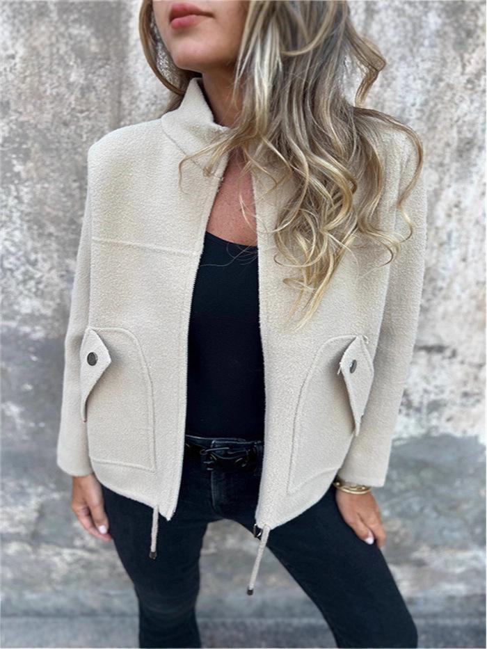 Women's Casual Woolen Tie-up Suit Jacket with Turn-down Collar and Faux Pockets - Autumn/Winter 2026 Collection