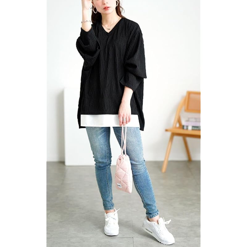 [Gold Japan] large size ladies tops cut and sew long sleeve V-neck pleats dolman stretch fake long winter coordination spring autumn plan-271600 4L-5L