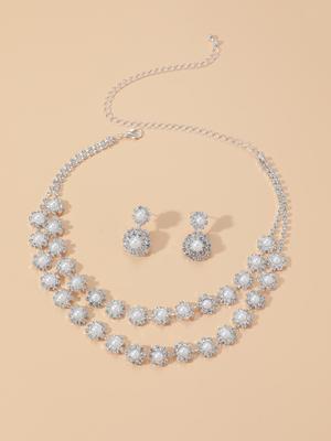 3pcs Luxurious and Fashionable Women's Jewelry Sets, Double Row Zircon Pearl Necklace Earrings, Bride's Jewelry Set