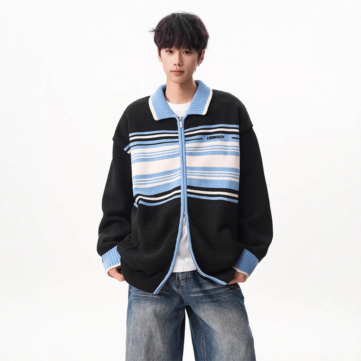 Мужской модный кардиган в полоску с цветовыми блоками и застежкой-молнией свободный в стиле студенческого свитера L чёрный 2750₽