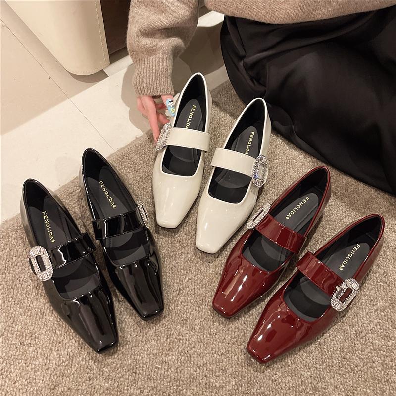 Fashion Shoes for Women New Style Square Head Rhinestone Square Buckle Flat Bottom Mary Jane Single Shoes Woman Pumps Zapatos De Mujer