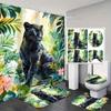 4pcs Shower Curtain Set with Non-Slip Bath Mat - Tropical Jungle Black Panther Design, Polyester, Machine Washable, Include