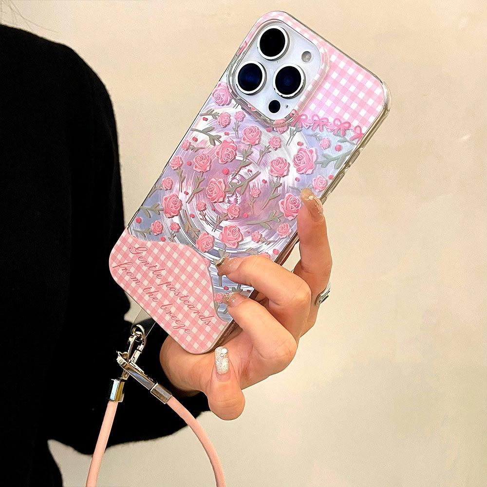 Plaid Flowers Suitable for Iphone16 Women's High End Apple 15 Protective Cover 14pro Lanyard 13 Soft Border