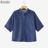 ZANZEA Women Casual Turn Down Collar Short Sleeve Loose Stripe Blouse