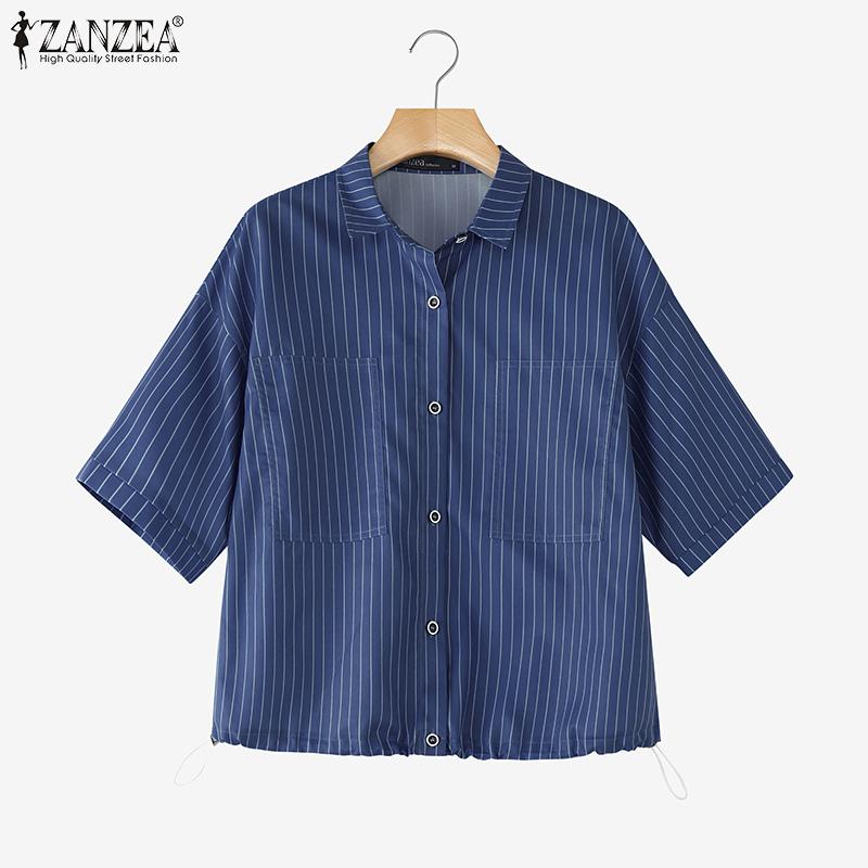ZANZEA Women Casual Turn Down Collar Short Sleeve Loose Stripe Blouse