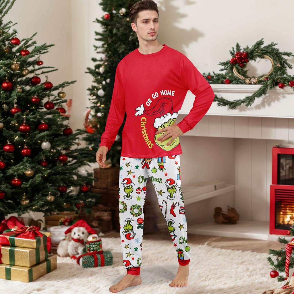 Christmas Print Family Matching Pajama Set Long Sleeve Long Pants Neck for Women Men and Kids