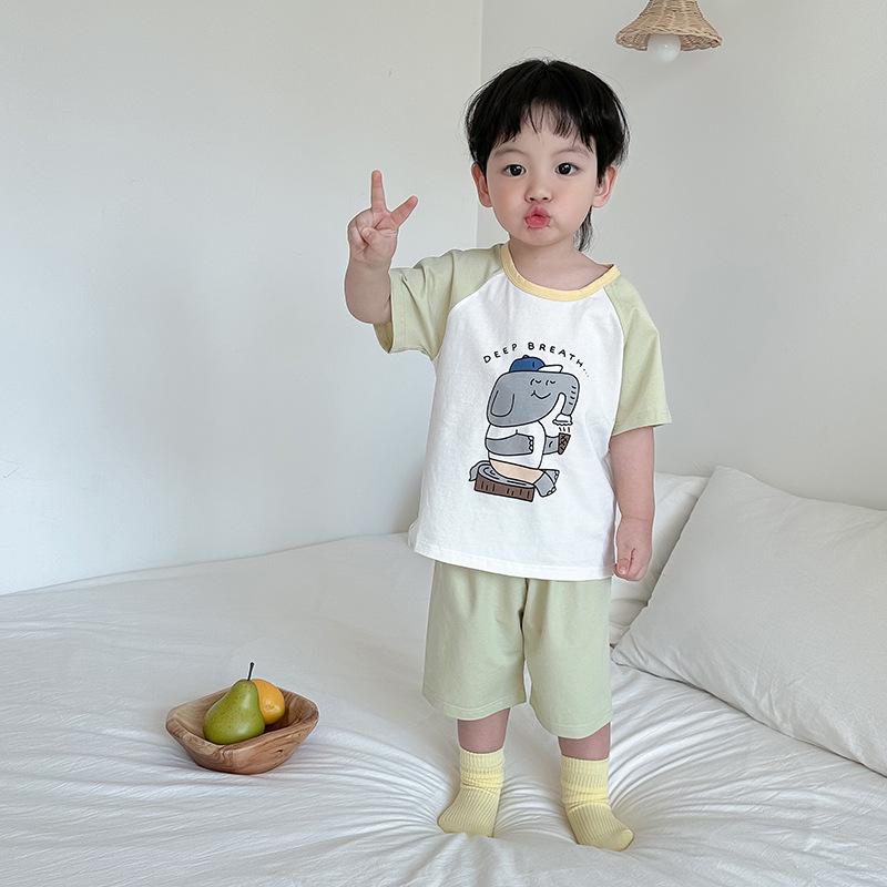 Girls' Summer Cotton Pajama Set - Breathable Cartoon Shorts and Round Neck Top