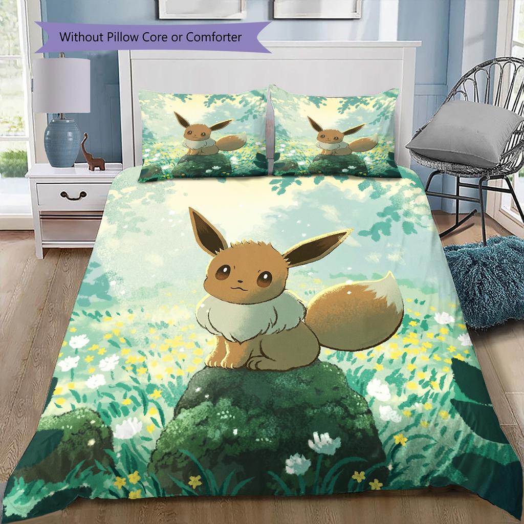 Pokémon Eevee Bedding Set, 1 Duvet Cover & 2 Pillowcases, Cozy Home Use, Great Gift for Pokémon Fans