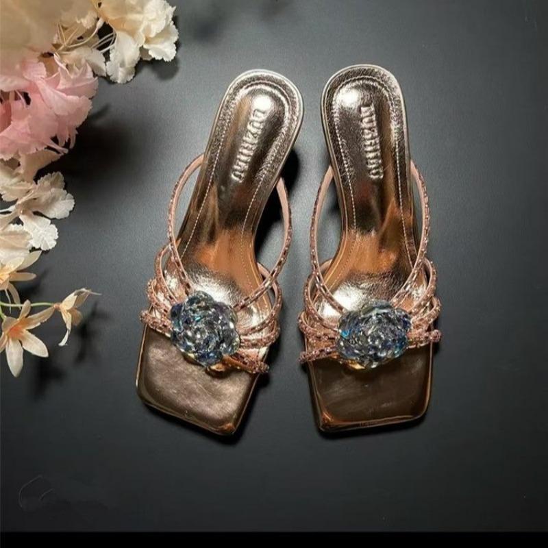 Summer Silver Sugar Cube Rhinestone High Heel Cool Slippers with Square Head High Heels Temperament Thick Heel Sandals Women