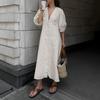 Retro Cotton and Linen Dress Sexy V-neck Puff Sleeve Beach Suspender Skirt Robe