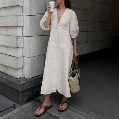 Retro Baumwoll- und Leinenkleid Sexy V-Ausschnitt Puffärmel Strand Trägerrock Robe