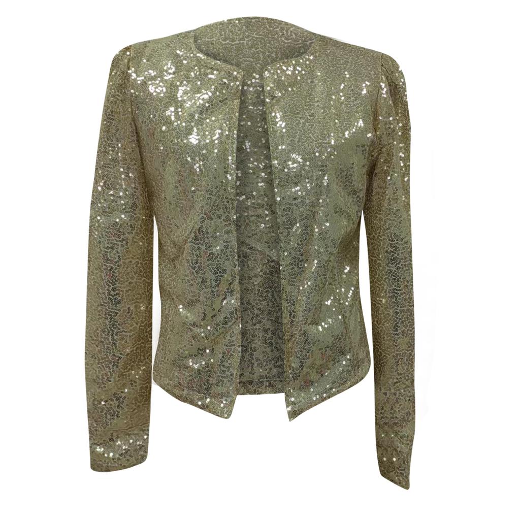Women's Cardigan Long Sleeve Shiny Sequin Coat Open Front Casual Female Jacketc