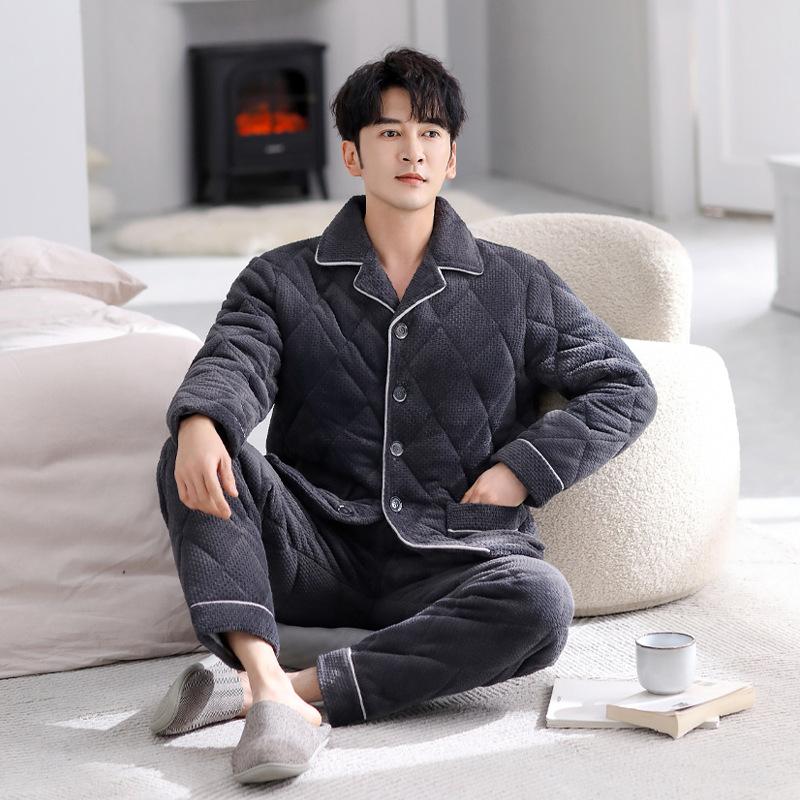 Pajamas Men'S Winter Winter Three-Layer Fleece Thickened Warm Clip Padded Jacket Large Size Coral Fleece Homewear Set Winter