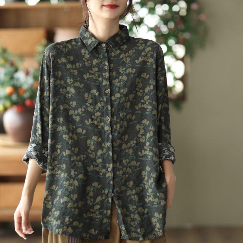 Retro Printed Cotton Linen Shirt Women Casual New Autumn Long-sleeved Floral Top