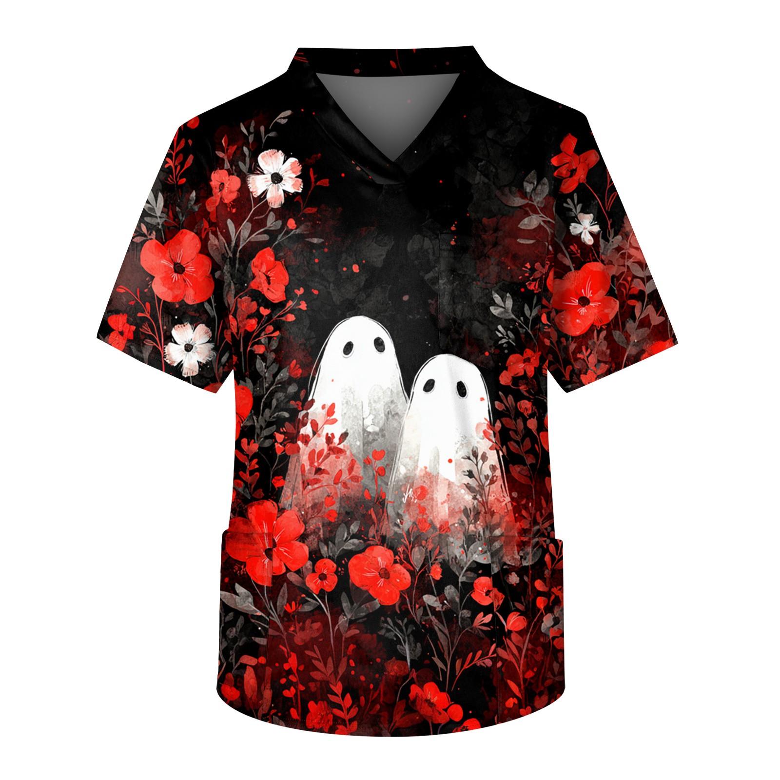 

Men s Short Sleeve V-Neck Halloween Print Chest Pocket Care Top S червоний