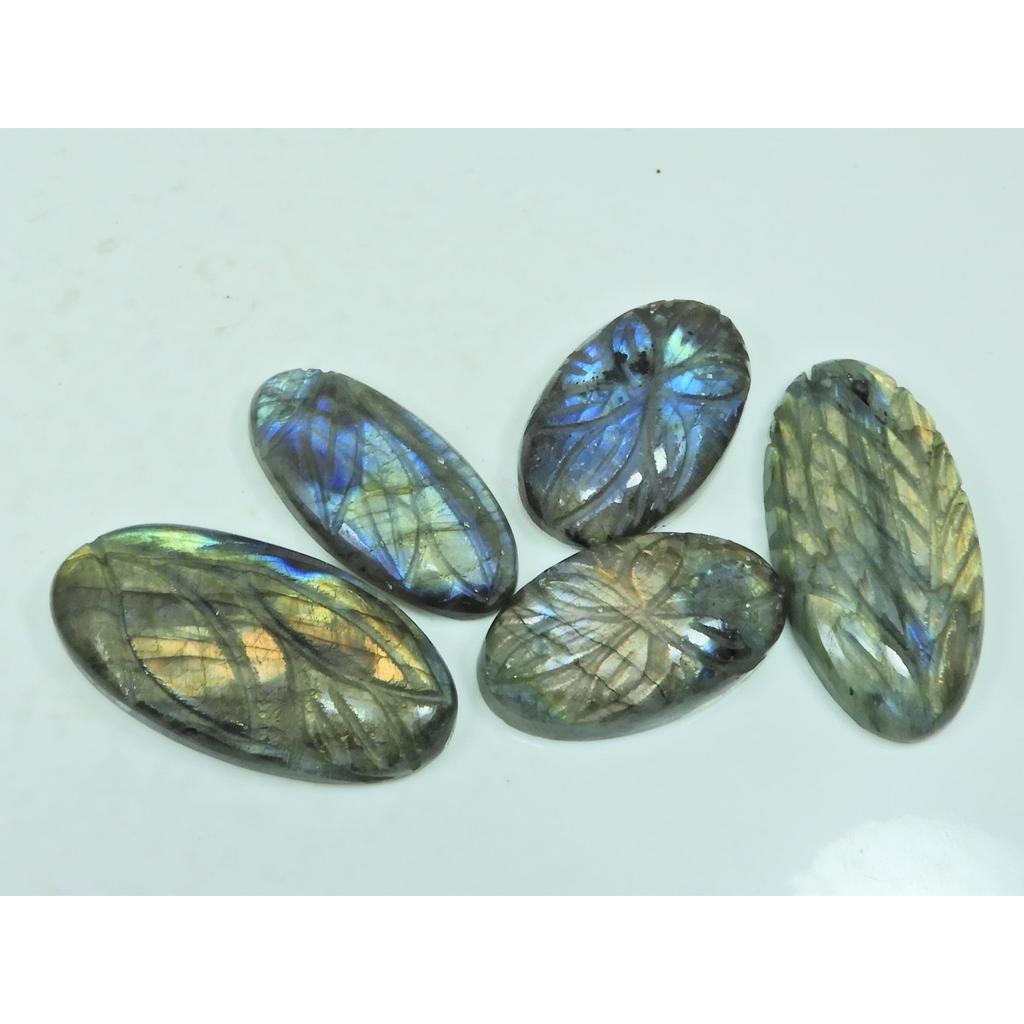 194Cts. Natural Labradorite Carving Oval Cabochon Loose Gemstone 05 Pcs Lot C-3803
