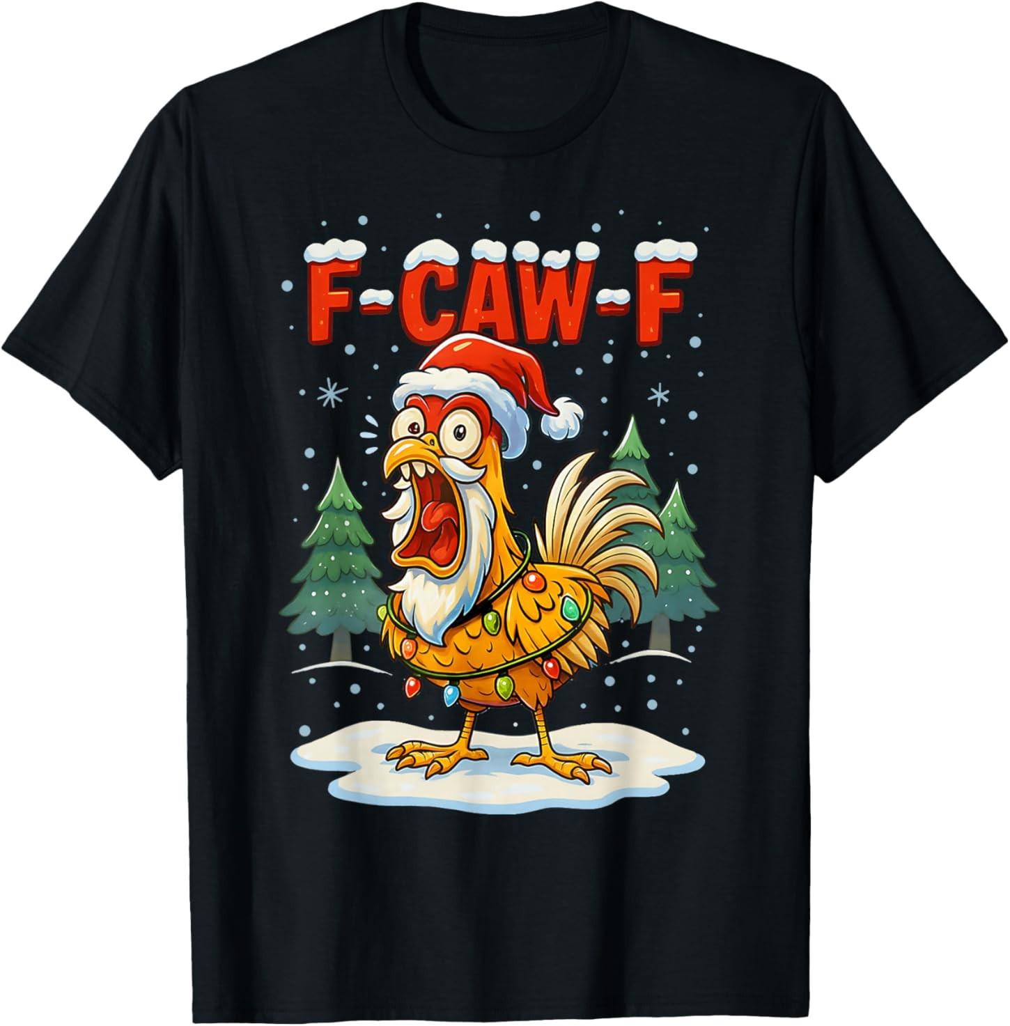 Funny F-CAW-F Christmas Chicken Xmas Lights Santa Hat FCAWF T-Shirt S разноцветный