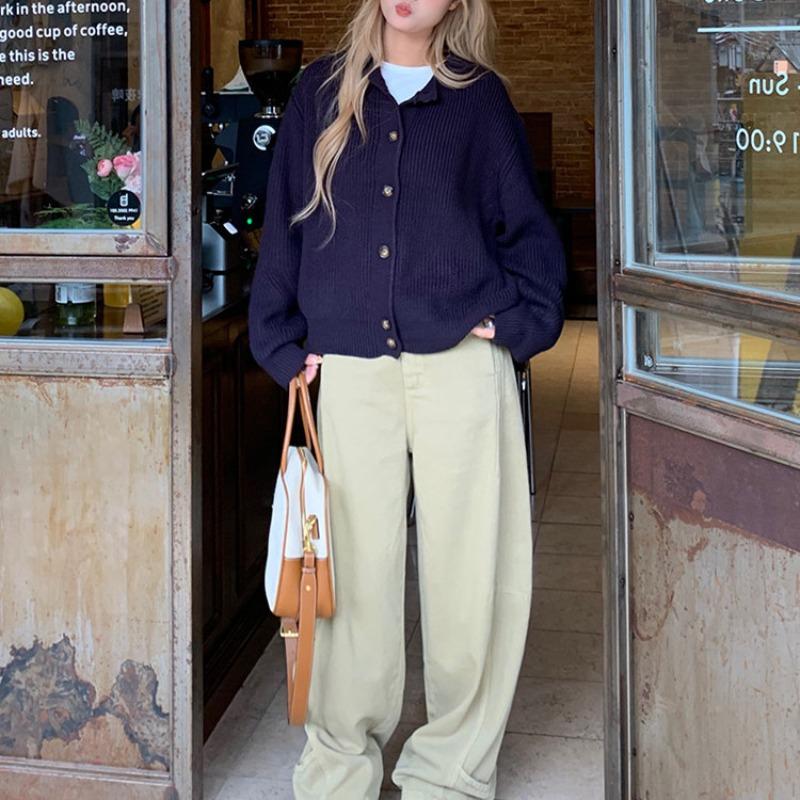 

Свитер-куртка с круглым вырезом в корейском стиле для женщин, осенний свободный вязаный кардиган, приталенный элегантный топ OneSize темно-синий