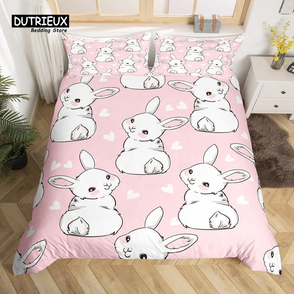 Cute Rabbit Duvet Cover Set Twin Queen Colorful Flower Bedding Set Microfiber Botanical Floral Cartoon Animal Comforter Cover