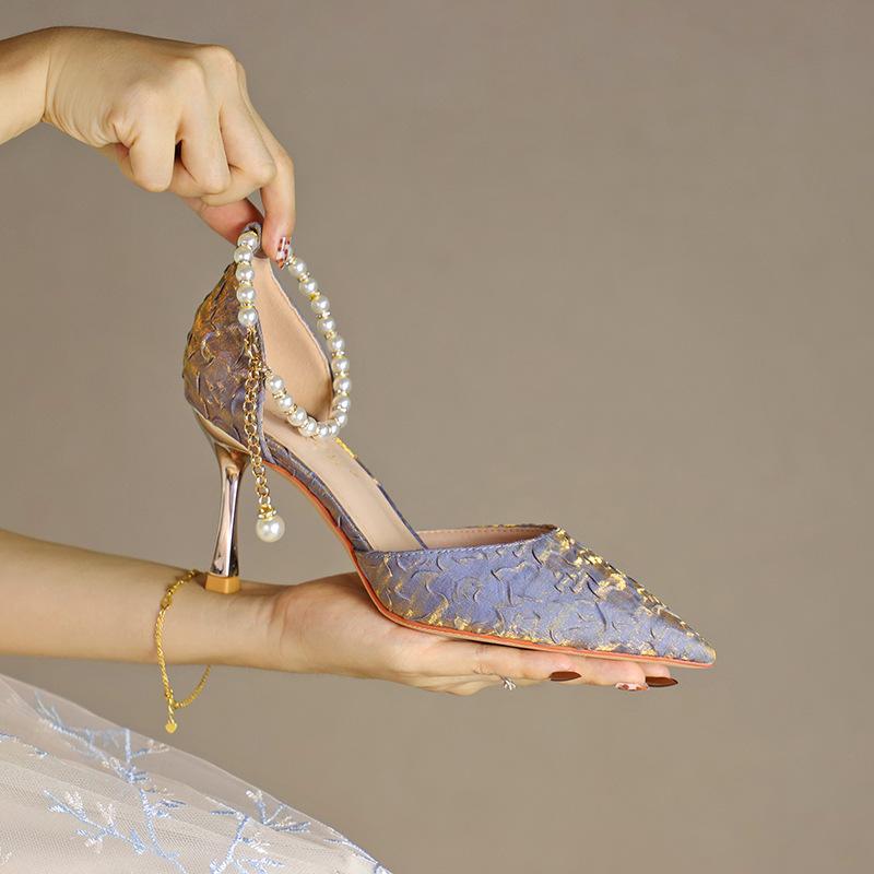 Women High Heeled Sandals Beads Hollow Shoes Pointed Head Shallow Mouth Stiletto High Heels Single Shoes Women Banquet Shoes