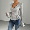 Women's clothing European and American elegant style T-shirt spring and summer new V-neck ruffle leaf edge slim temperament scratching top