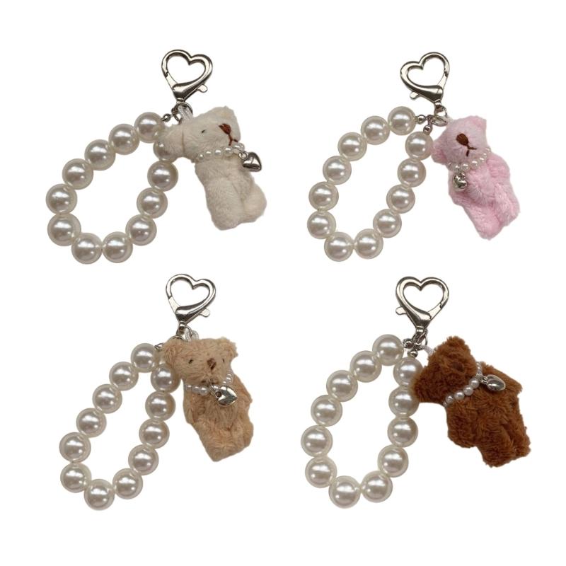 Modern Plush Bear Phone Charm Keychain with Imitation Pearls Bag Pendant Keyring Comfortable to Carry for Daily Use