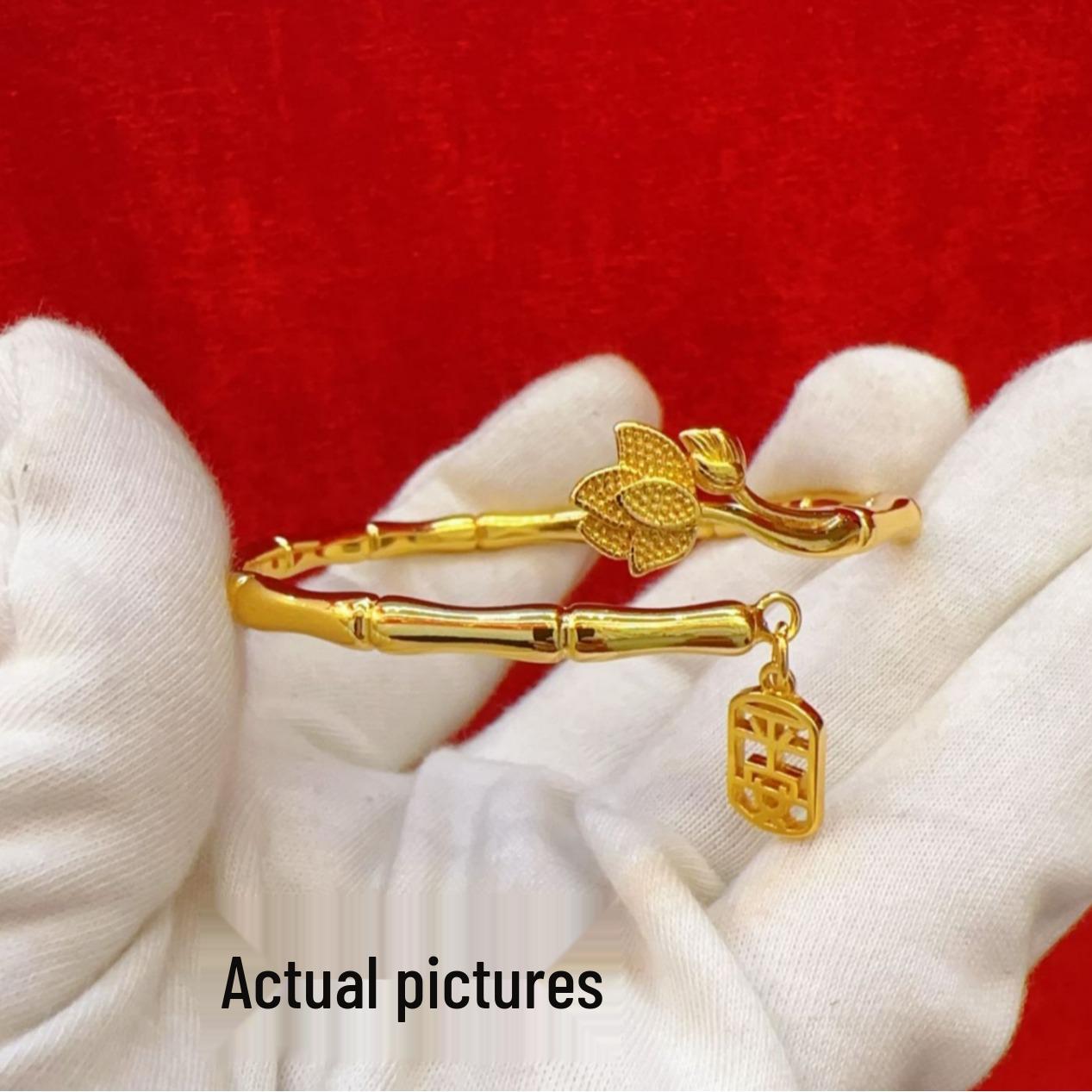 Античный позолоченный бамбуковый браслет для безопасности и удачи - Дизайн с лотосом. Подарок девушке на день рождения