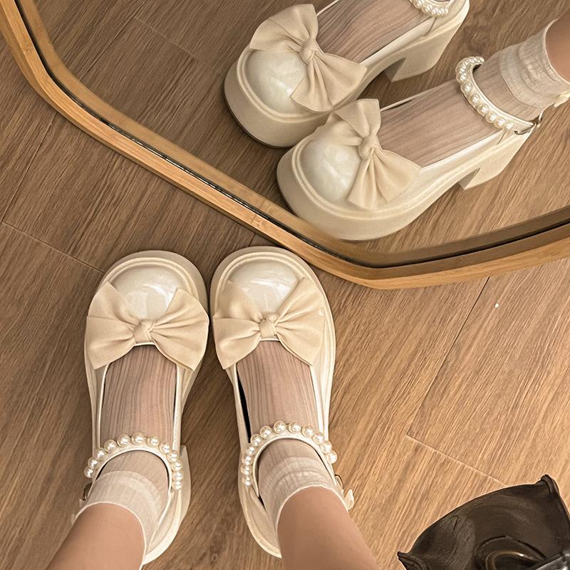 French Mary Jane small leather shoes women's 2025 spring new thick-soled heightening bow with skirt thick heel high heel single shoes