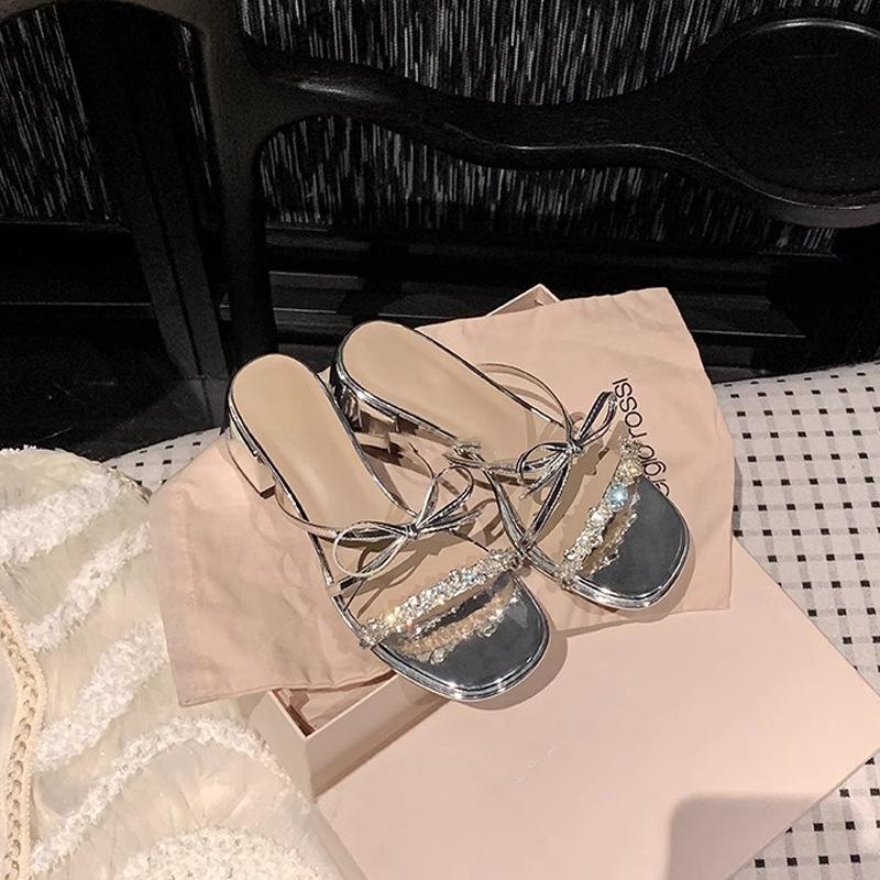 The same crystal butterfly~ rhinestone word with thick heel slippers women's sandals dinner wear women's summer