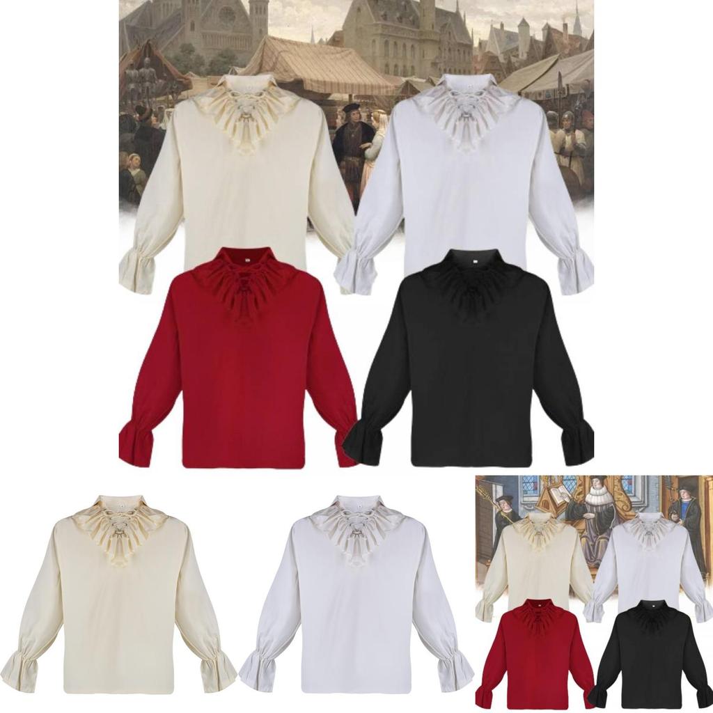 Medieval Bestselling Ruffled Puff Sleeve Shirt Vintage Men's Solid Color Cosplay Costume