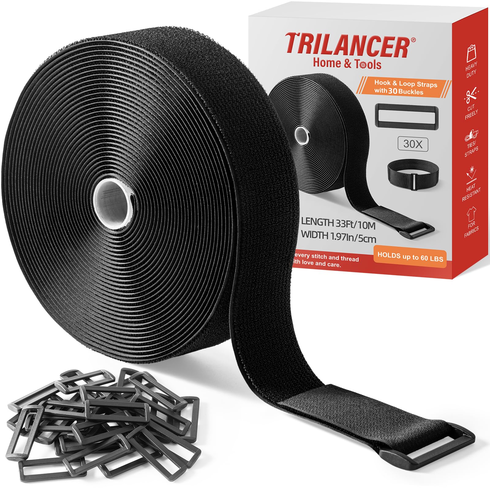 

Trilancer 10m x 5cm Strong Velcro Cable Ties with 30 Buckles – Adjustable, Cut-to-Length, Reusable Straps for Securely Holding Cables, Hoses,