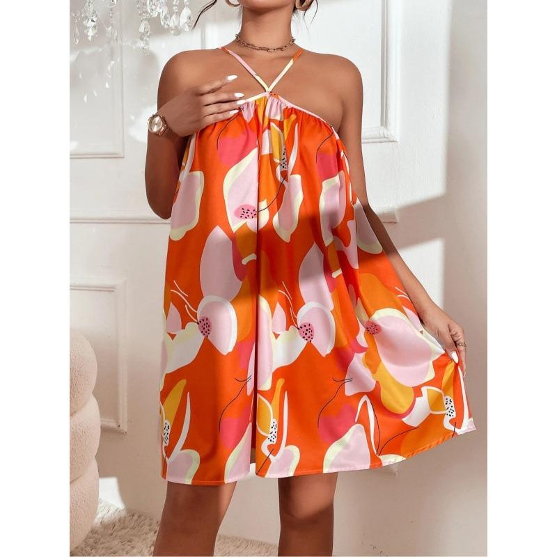 Women Floral Print Halter Neck Shift Dress Sleeveless Casual Sundress XS оранжевый