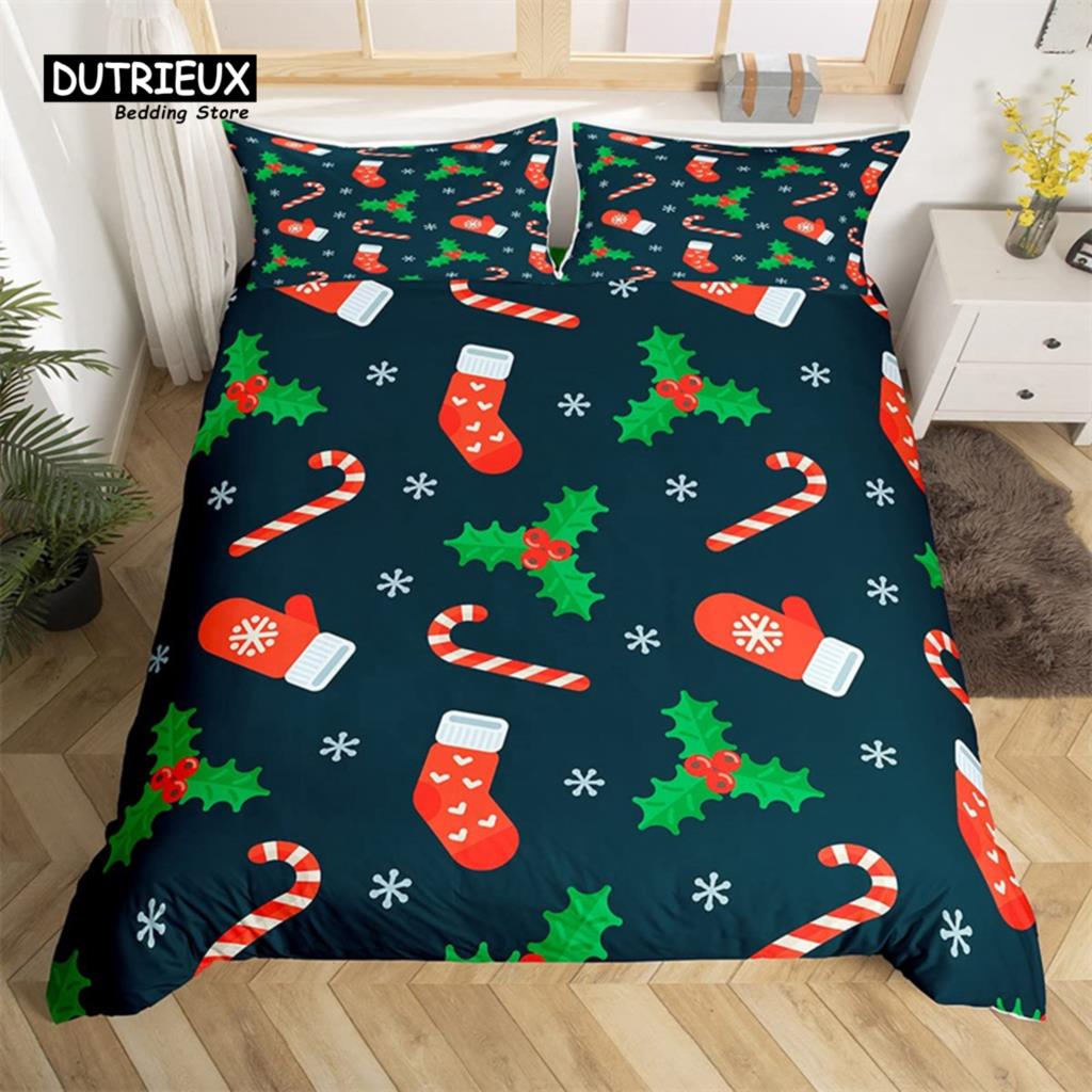 Christmas Duvet Cover Cartoon Snowman Deer Reindeer Bedding Set Twin Size Microfiber Cute Gingerbread Stocking Comforter Cover