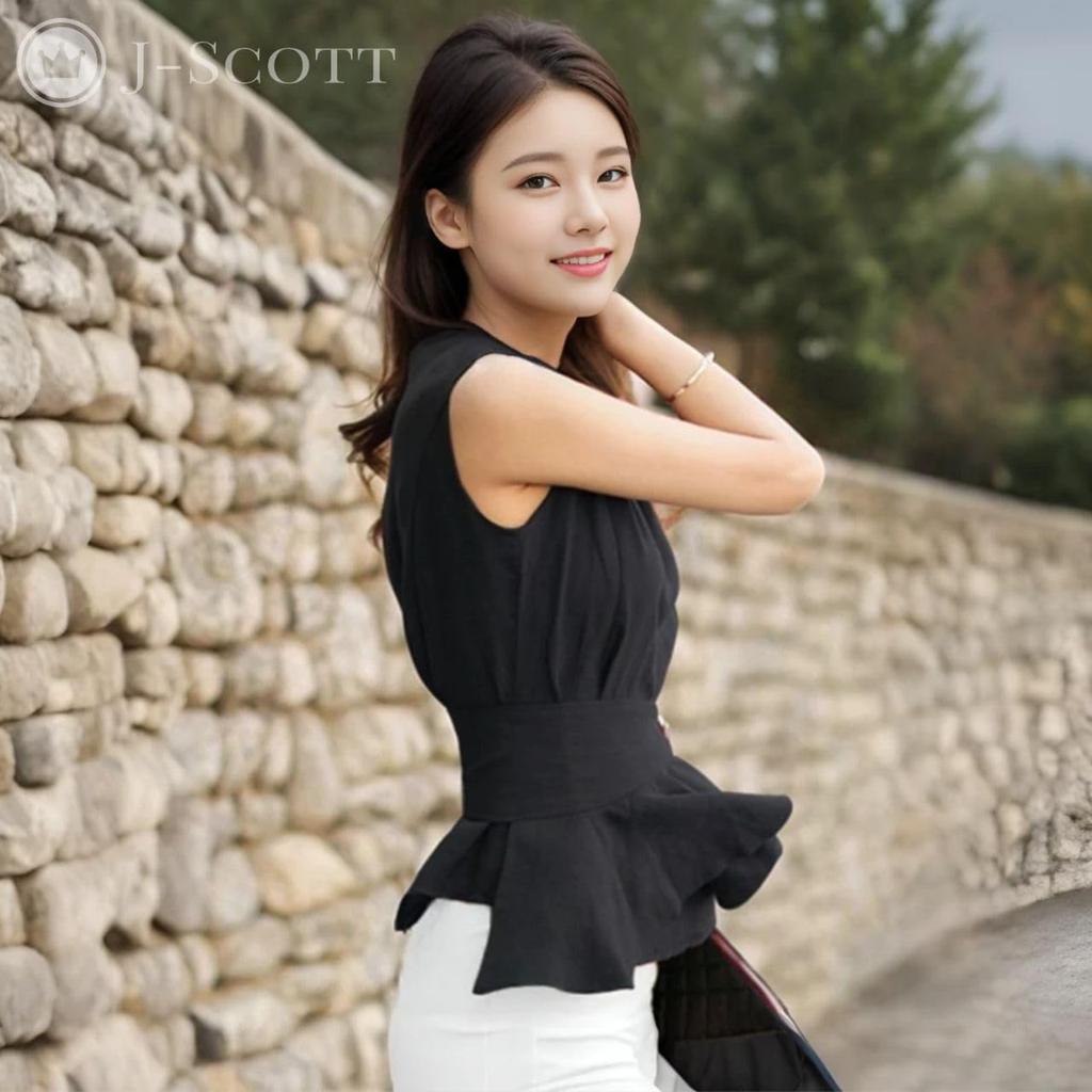 Sleeveless Peplum Round Waist Ruffled Solid Black [J-Scott] Women's Blouse, Neck, Belt, Hem, JS151-BK-XL