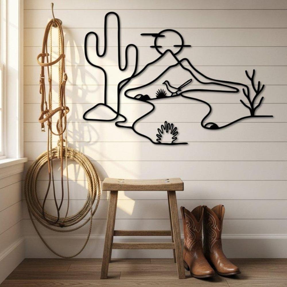 Metal Cactus Wall Art Desert Landscape with Roadrunner Southwest Home Decor