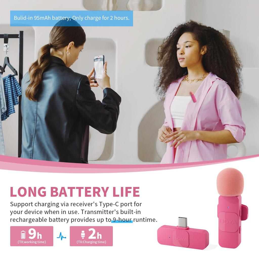 BOYA Wireless Lavalier Microphone, Omnidirectional, External Mini Lapel Microphone for iPhone, iPad, and Android Phones, Lightning USB-C (Pink, USB-C