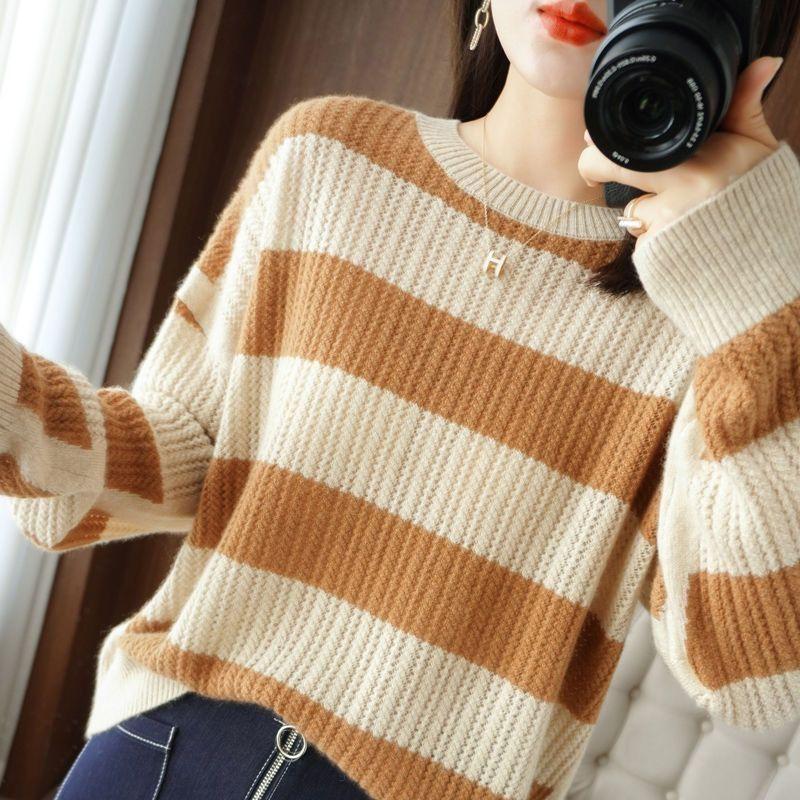 Round Neck Thick Sweater Women's Autumn and Winter Striped Sweater Hollow Loose Knit Sweater