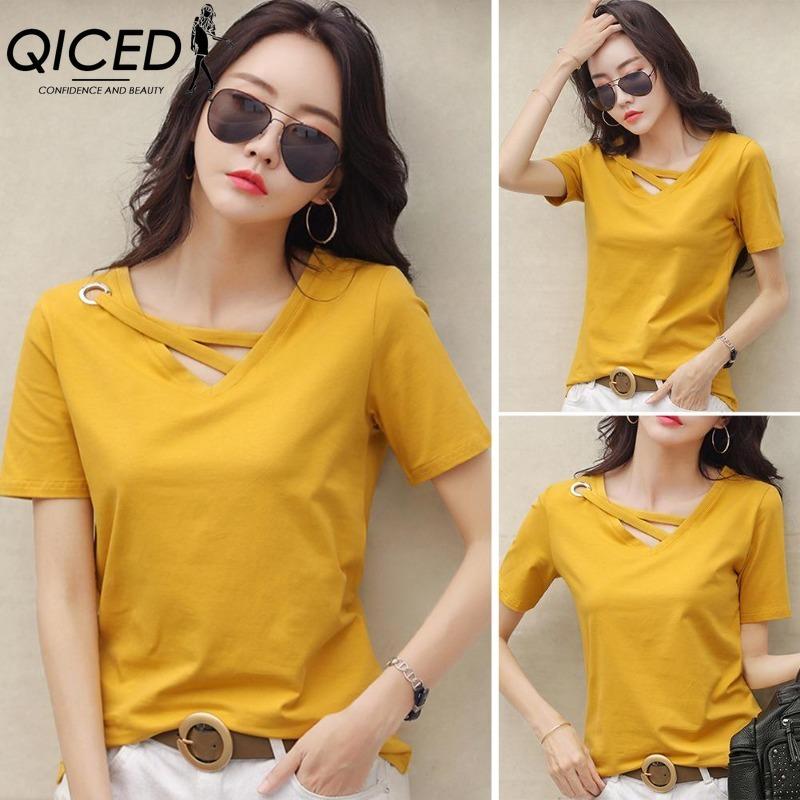 QICED Women's Fashion Casual Solid Color Print Short Sleeve V Neck Blouses & Shirts