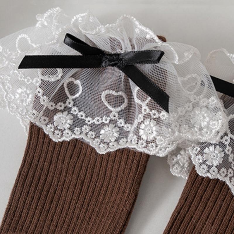 White Lace Socks Children Cotton Socks Korean Girl Bow Lolita Princess Long Socks Solid Color Kids Knit Stockings Spring Autumn
