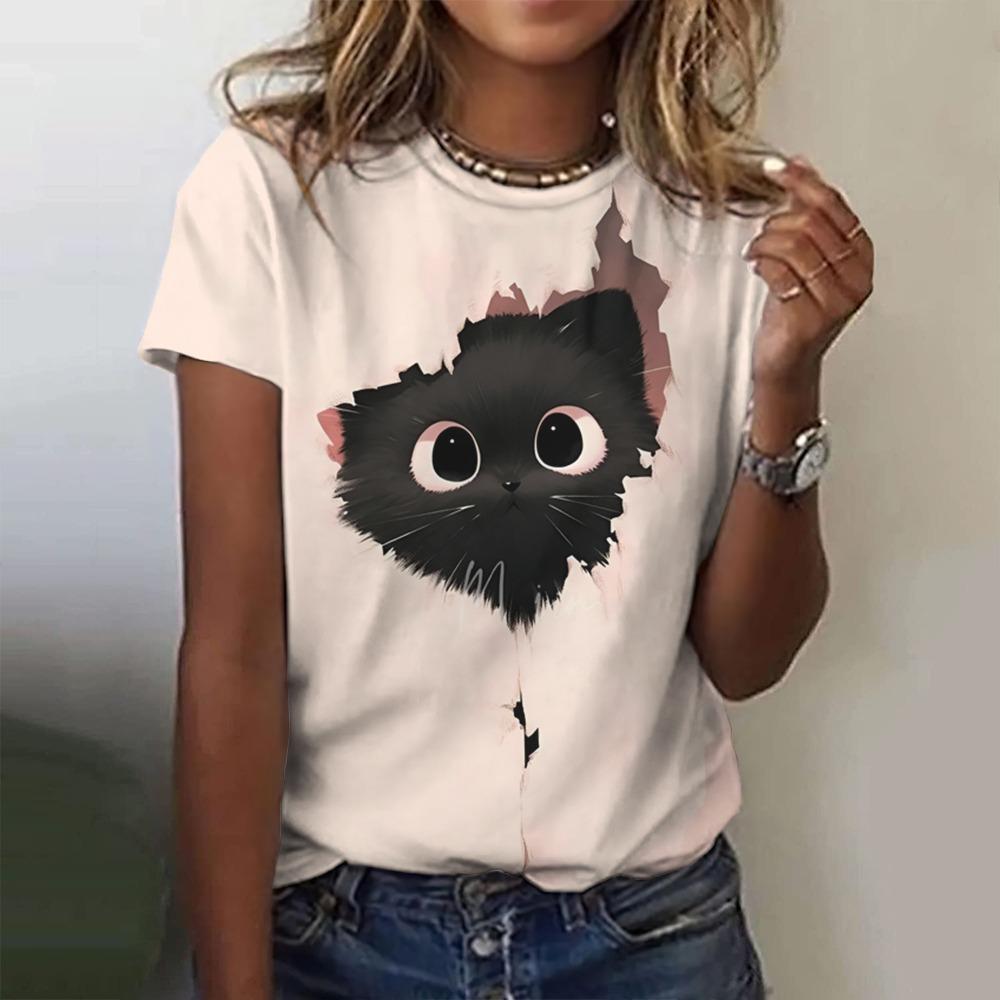 Damen T-Shirt 3D Niedliches Tier Mode Katze Print T-Shirt Sommer Top Lässig Kurzarm Y2k Übergroße Kleidung