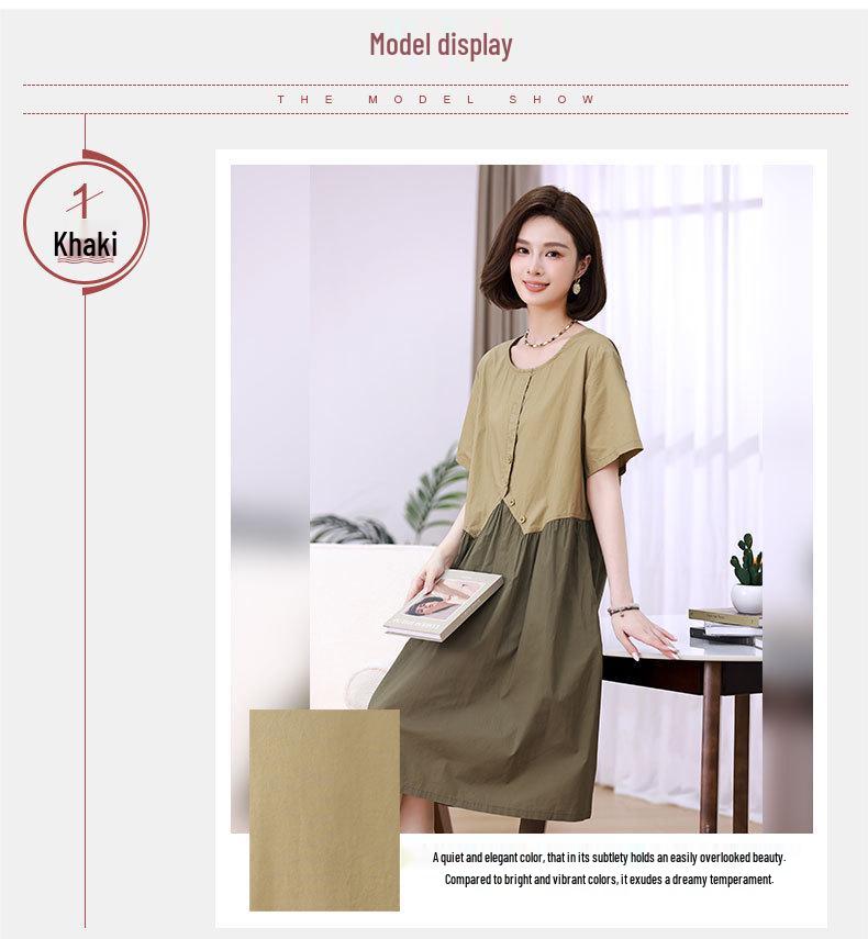 Mom's Summer 2025 Color Block Two-Piece Look Cotton Loose Mid-Length Dress
