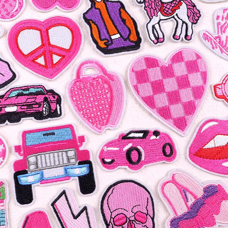 Pink Cartoon Embroidery Patch Iron On Patches For Clothing Flower Letters Patches On Clothes Sewing Fusible Patch Applique Decor