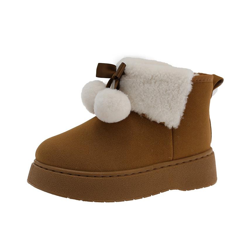 Cute hairball bow thick-soled snow boots women's winter warm cotton shoes women's hairy mouth short boots women's large size