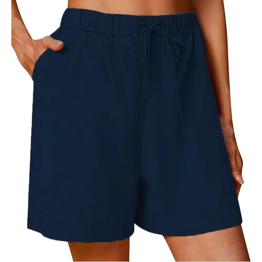 Damen Sommer Casual Shorts Kordelzug Einfarbig Baumwolle Leinen Kurze Hosen Weiblich Lose Gerade Jogging Outdoor Streetwear
