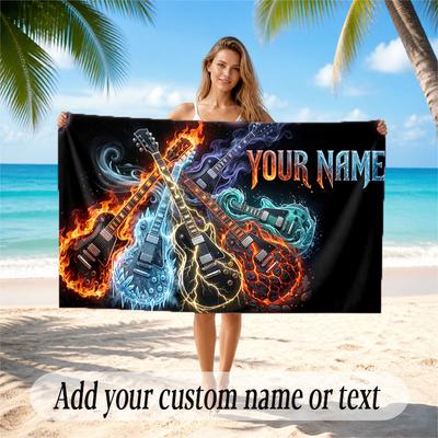 Music Guitar Theme Beach Towel Personalized Custom Name & Text Soft Quick Dry Beach Towel for Swimming Travel