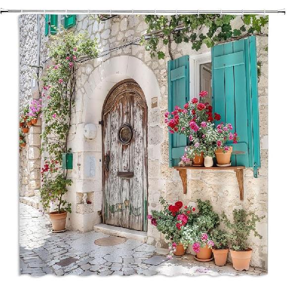 Italian European Shower Curtain Tuscany Architecture Greece City Town Scene Vintage Spring Floral Italy Mediterranean Green Plant Bathroom Curtain