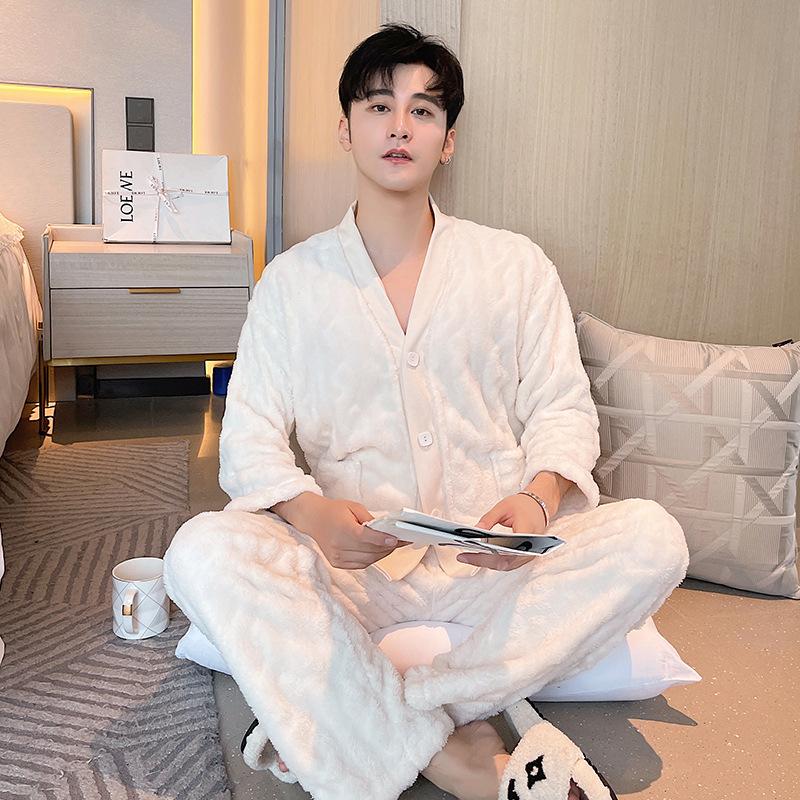 Autumn Winter Coral Fleece Pajamas Set Couple Casual Home Wear Women's Warm Flannel Intimate Lingerie Sleepwear Men Loungewear