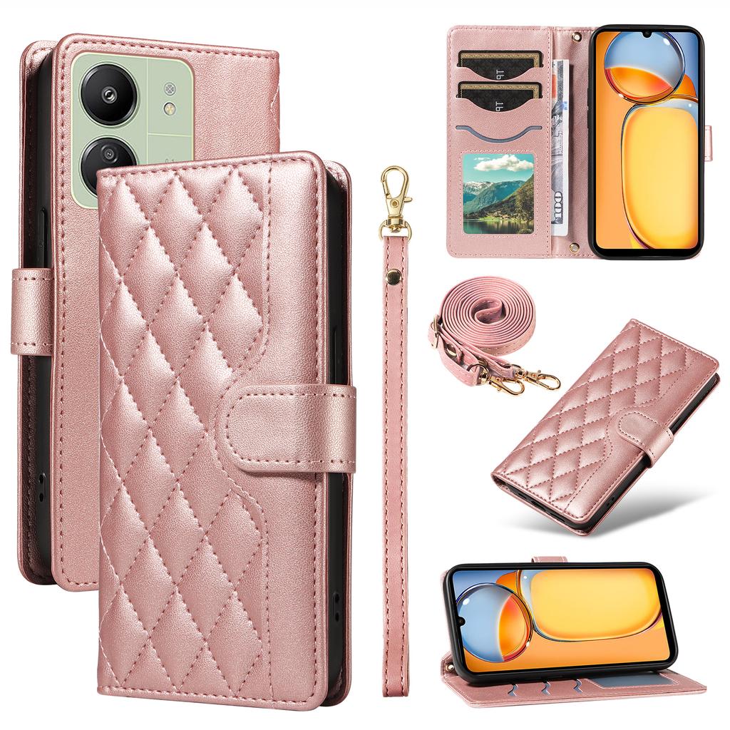 For Xiaomi Redmi 13C 5G/13C 4G/13R 5G/ Poco C65 4G/Poco M6 5G Case Wallet Rhombus Leather Phone Cover with Shoulder Strap,Wrist Strap