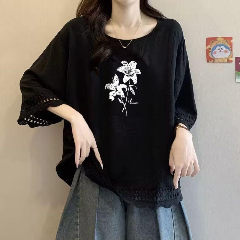 Street Casual All Match Floral and Plant Printed T-shirt for Summer Loose and Versatile Elegant Top Popular Women